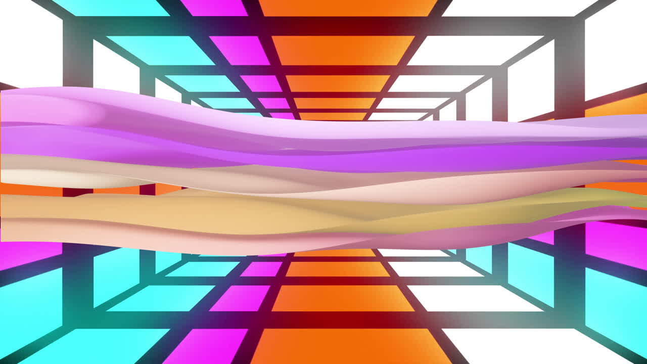 Animation of colourful shapes moving over digital tunnel
