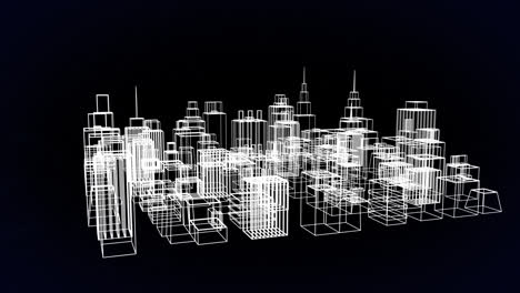 animation of 3d cityscape spinning over networks of connections on black background