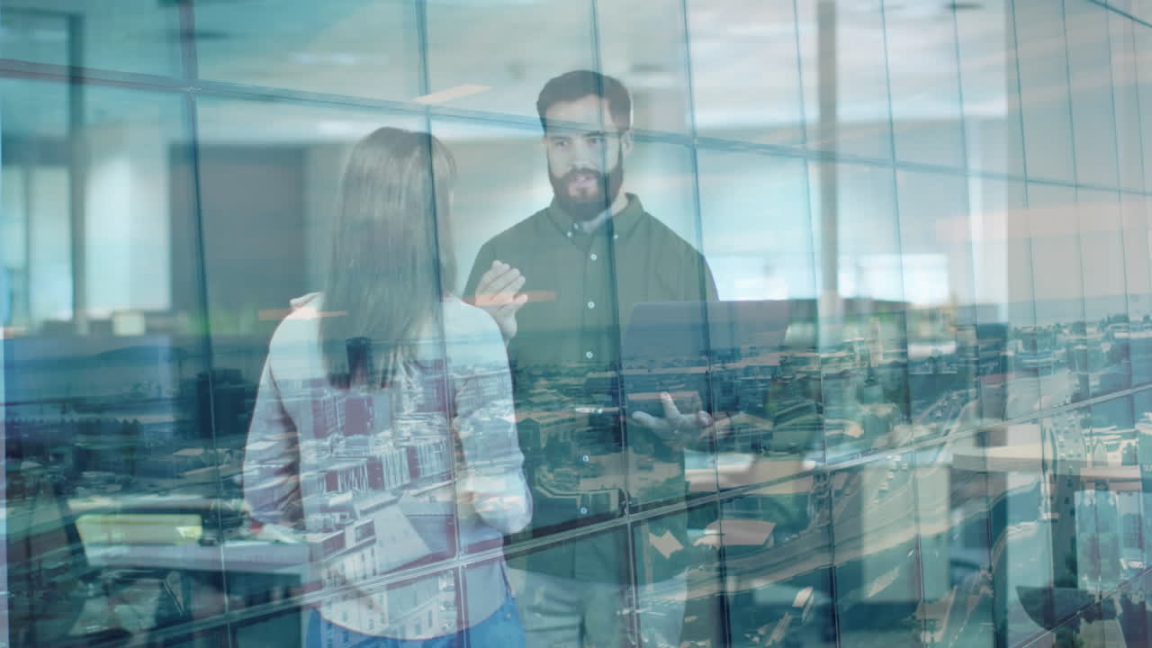 animación del paisaje urbano sobre la gente de negocios en la oficina