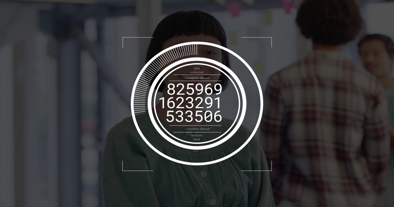 Woman standing in corridor, tech sensing presence and activating HUD overlaying her with numbers
