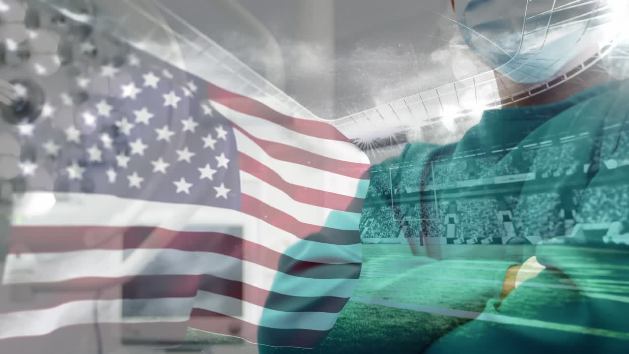 animación de la bandera de los estados unidos ondeando sobre los cirujanos con máscaras faciales