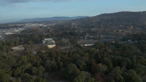 Nara-Deer-Park-Aerial-View,-Todaiji-Temple-and-Mt-Wakakusa-in-Background