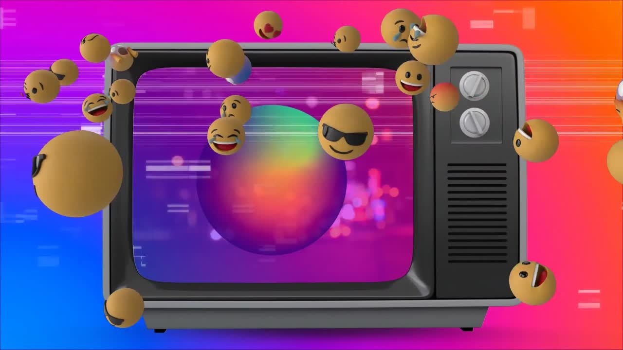 animación del efecto de glitch sobre emojis de cara sobre la televisión crt contra un fondo de gradiente colorido.