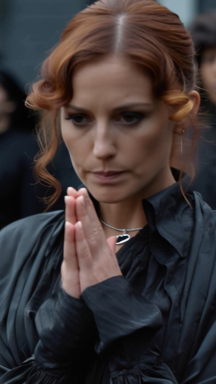 Woman in black dress, hands clasped in prayer. Her gaze is lowered, serene and focused. Soft, warm light highlights her red curls and solemn expression. She wears a simple silver necklace, subtle