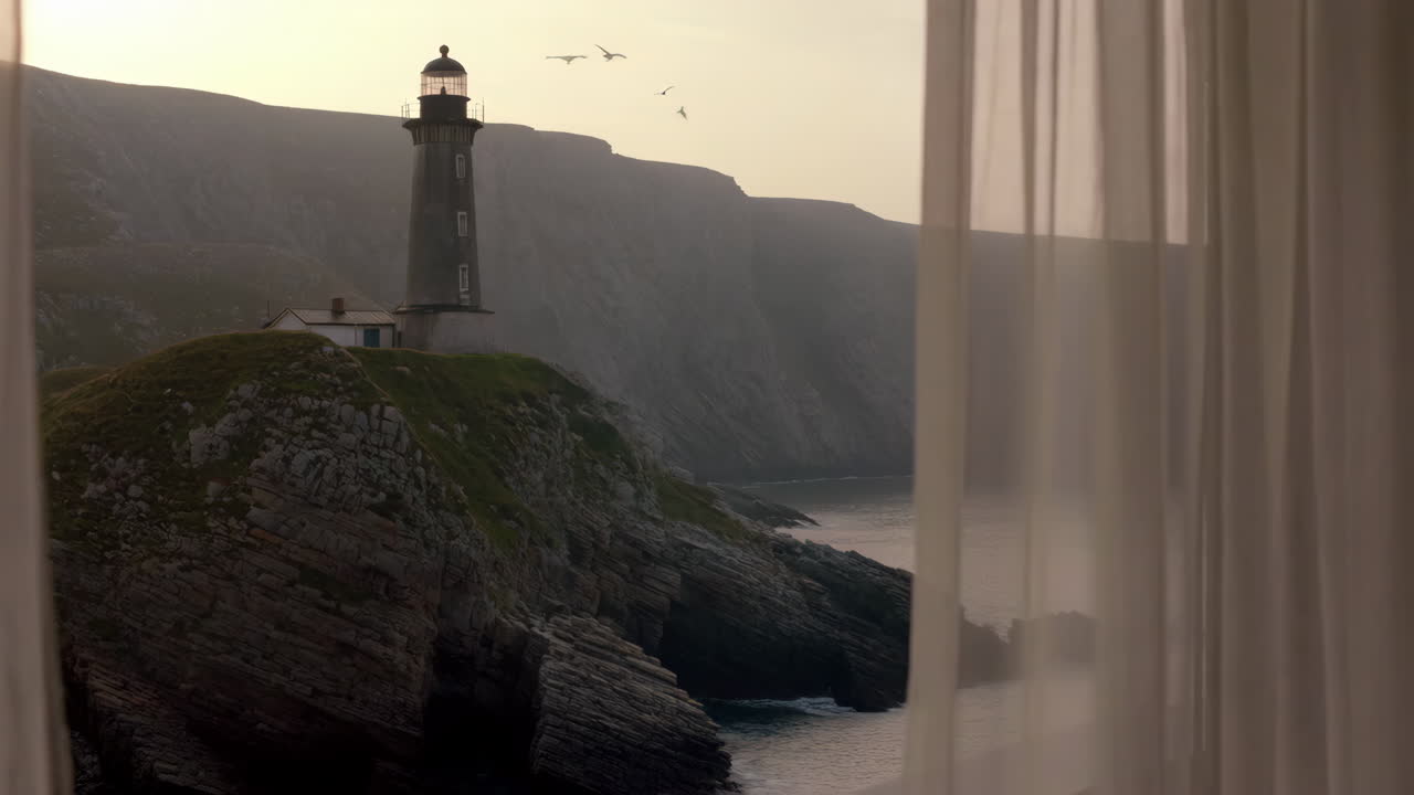 Lighthouse on a dramatic rocky cliff at dusk, viewed through a window
