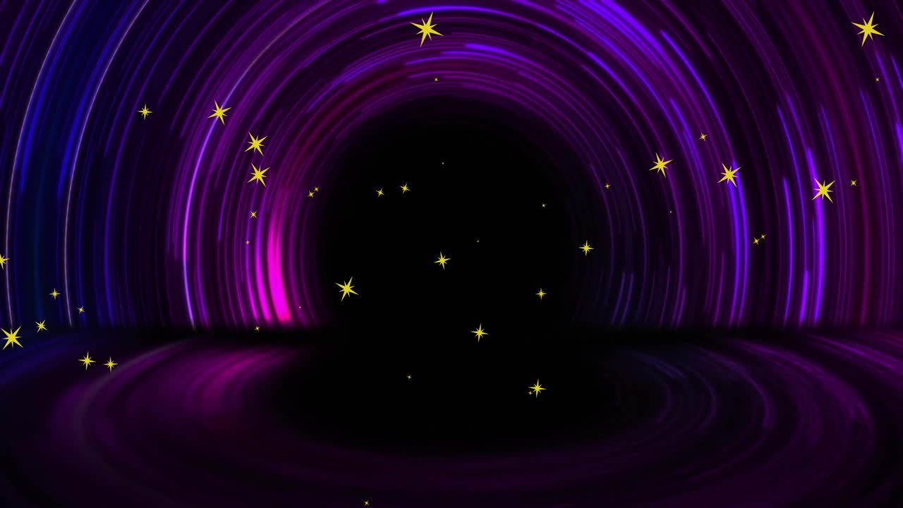 Animation of stars and glowing purple light trails moving over black background