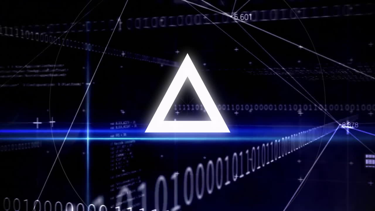 Digital triangle symbol with binary code and data processing animation