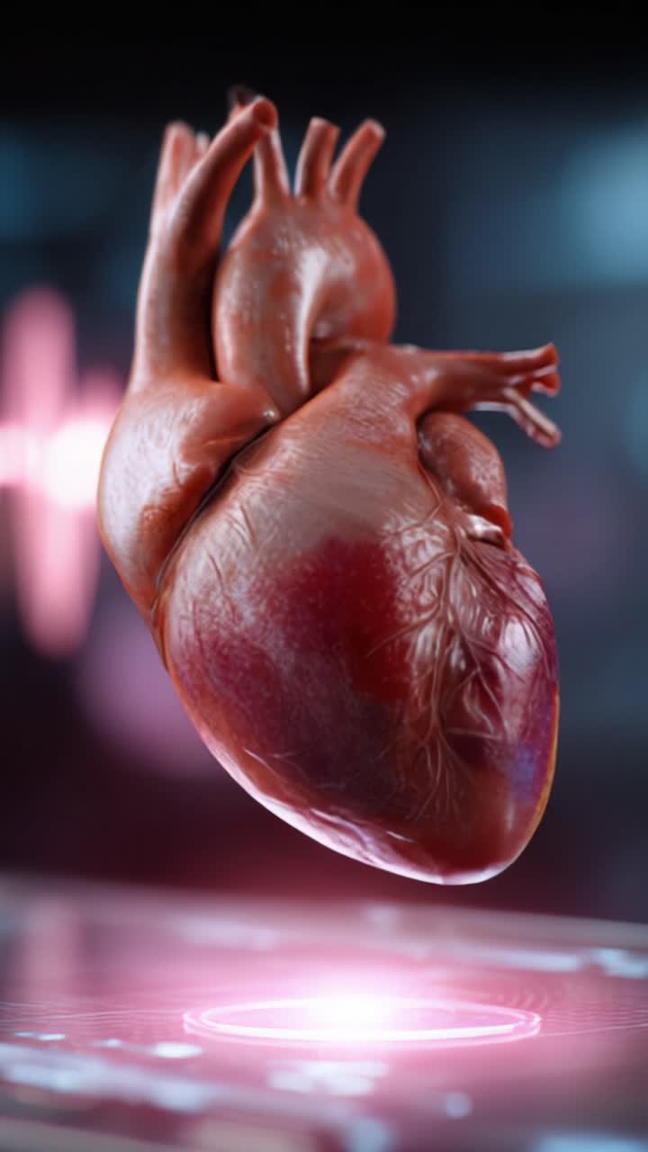 Realistic 3D Model of Human Heart Morphing Between Two States with Glowing Effects and Data Interface Elements Highlighting Cardiac Features and Functionality