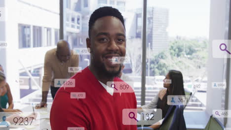 animation of multiple notification bars over smiling african american man looking at camera