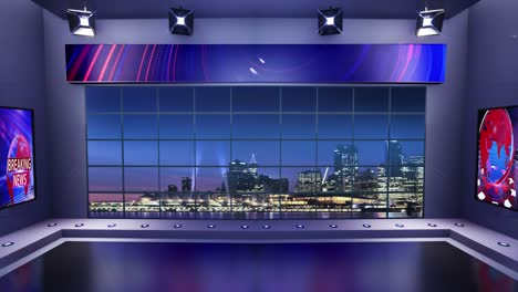 3d virtual news studio with night city background and floodlights loop