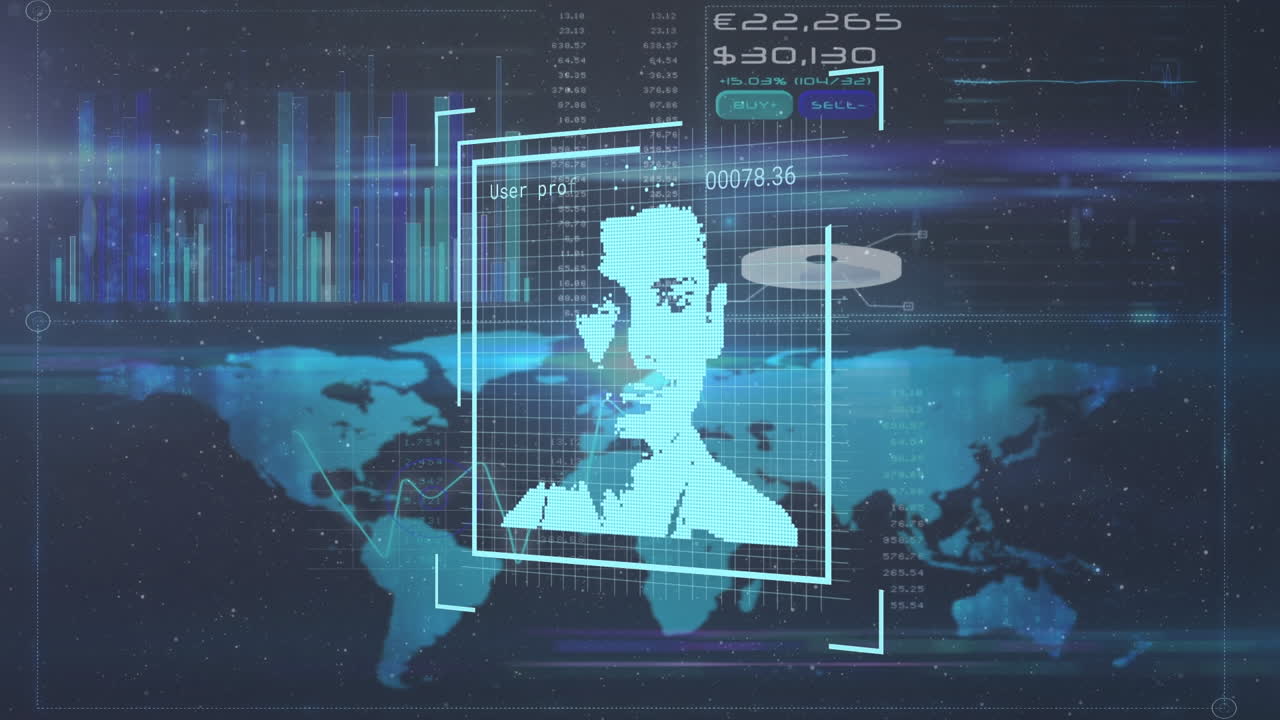 анимация изменения икон профиля через интерфейс с обработкой данных на синем фоне