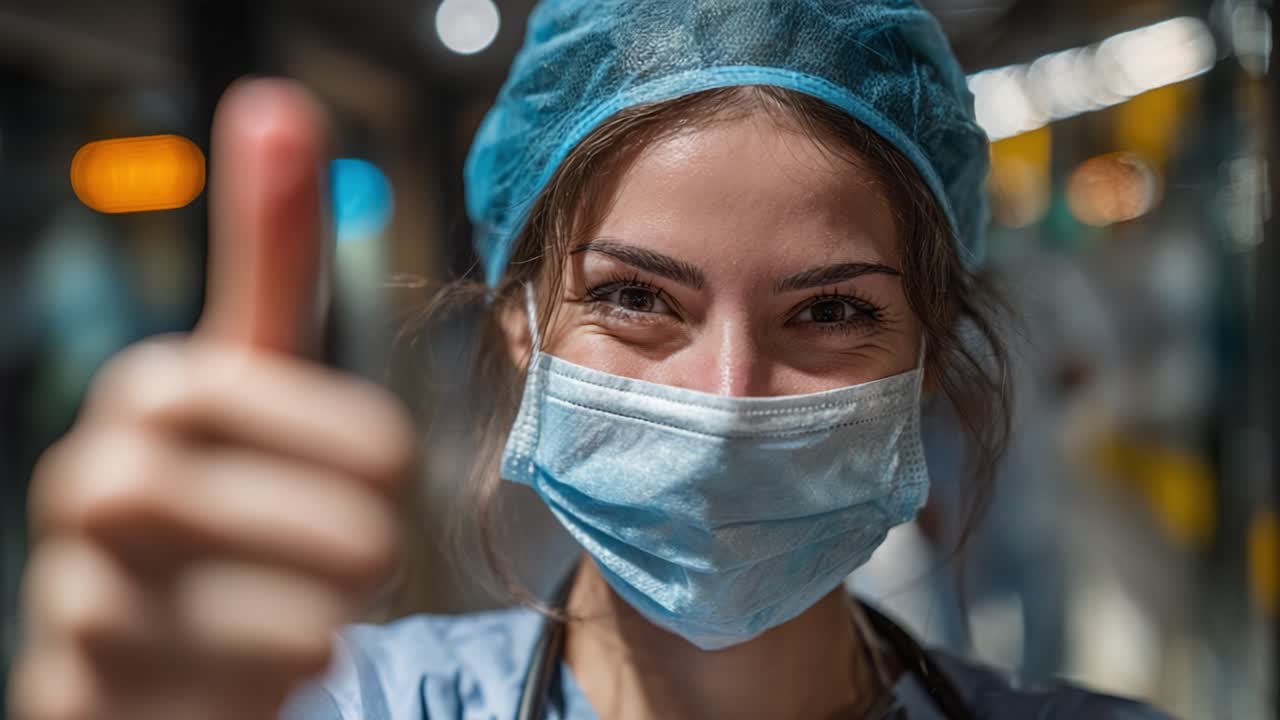 Operatore sanitario che festeggia un successo con un gesto di approvazione, irradiando positività e incoraggiamento in un ambiente medico