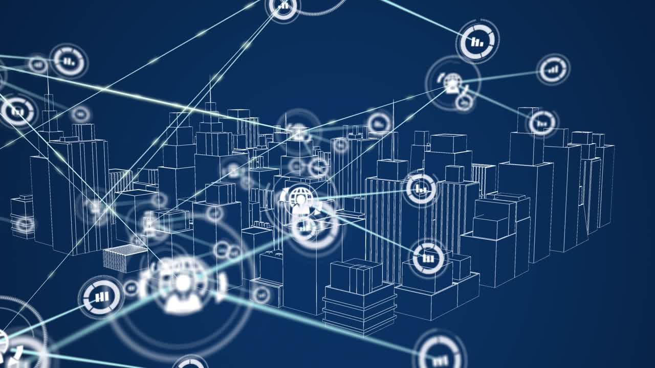 Animation of profile icons connecting with lines over rotating white digital cityscape