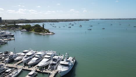 aerial looking out into the scenic sarasota bay, florida from downtown