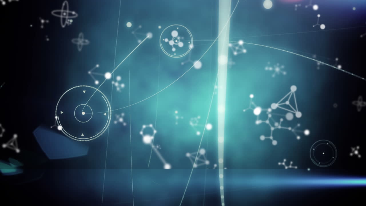 디지털 검은색과 파란색 공간에서 분자와의 연결 네트워크의 애니메이션