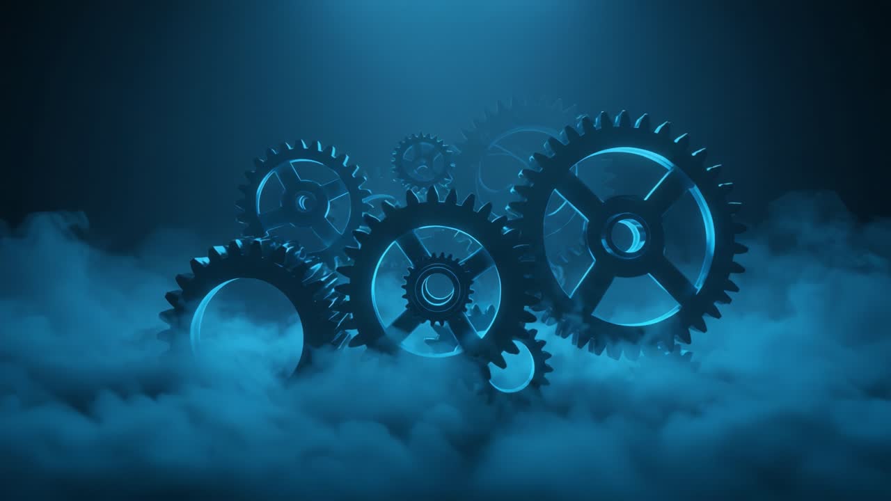A Stunning Display of Interlocking Gears Illuminated in a Mystical Blue Haze, Symbolizing Mechanisms of Motion and the Intricacies of Engineering