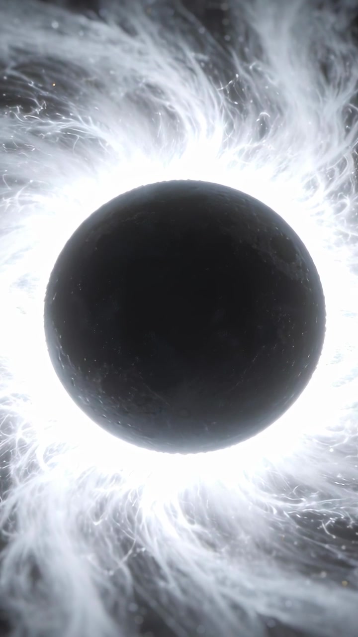 Vertical video: Appearing matte black disk holding center in dark void, white corona pulsing sparks