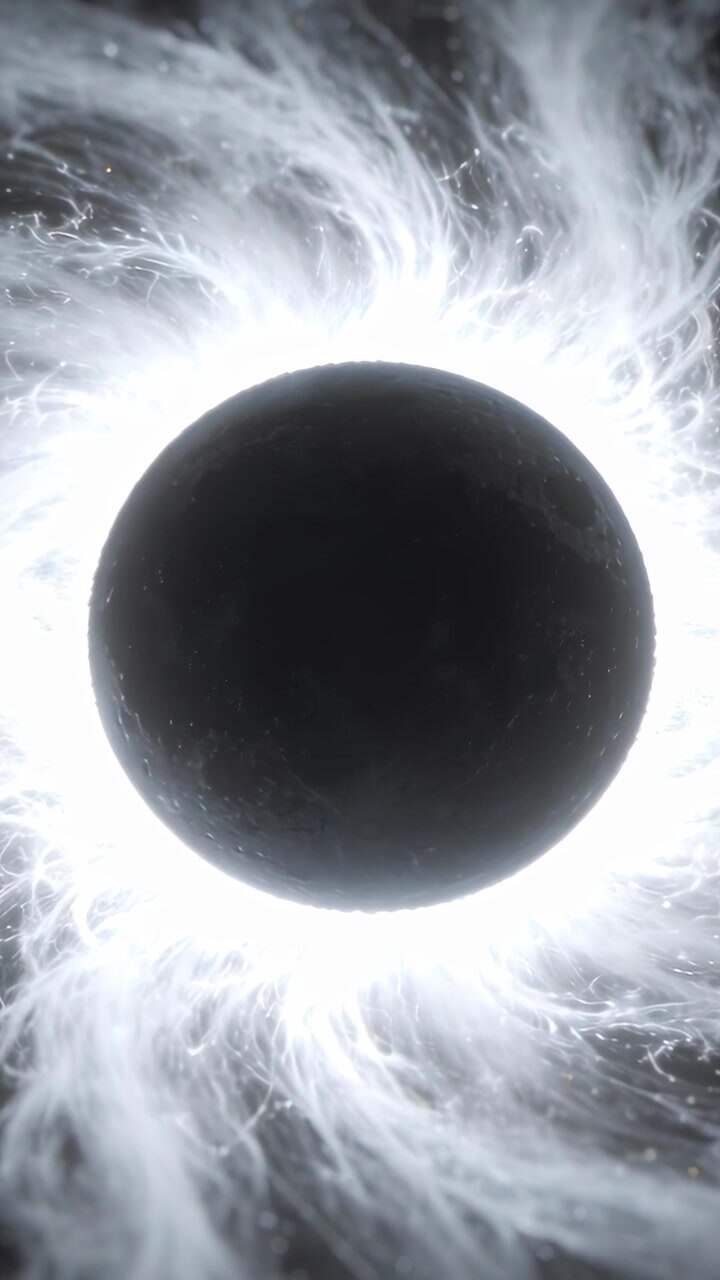 Vertical video: Appearing matte black disk holding center in dark void, white corona pulsing sparks