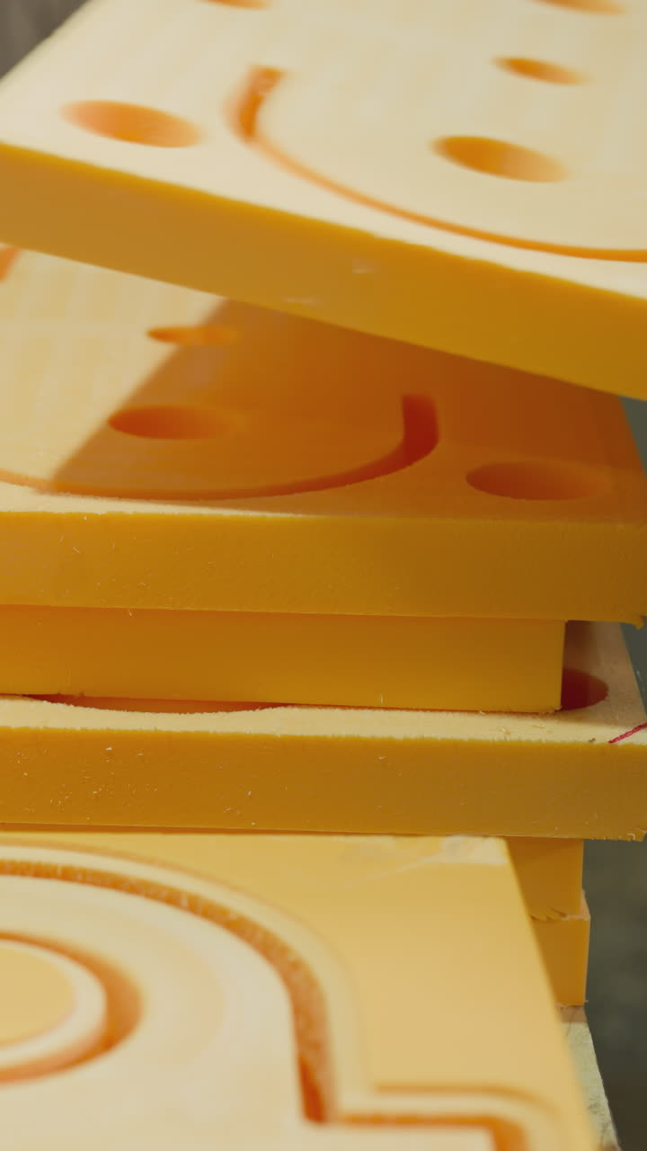 pilas de piezas de espuma naranja cortadas con precisión para uso industrial, con patrones de corte visibles