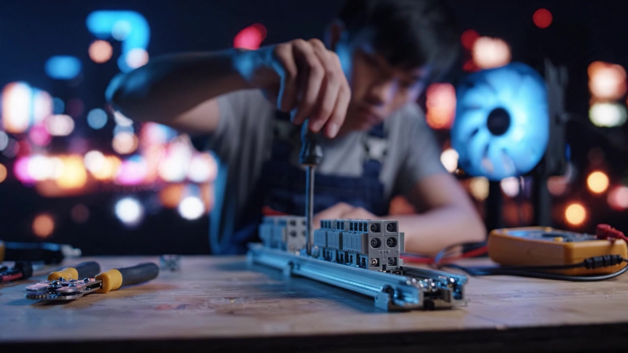Focused technician assembling electronic components on a workbench, illuminated by colorful city lights, showcasing expertise in DIY electronics and precision wiring tasks.