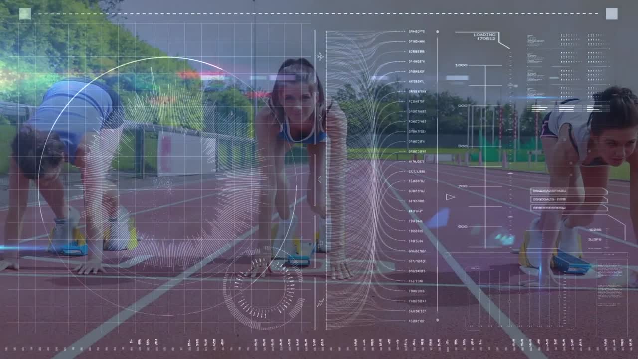 animación del procesamiento de datos en la interfaz digital sobre las mujeres que corren en la pista deportiva