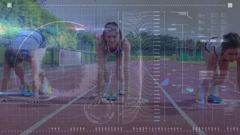 Animation-Der-Datenverarbeitung-Auf-Einer-Digitalen-Schnittstelle-über-Frauen,-Die-Auf-Einer-Sportbahn-Laufen