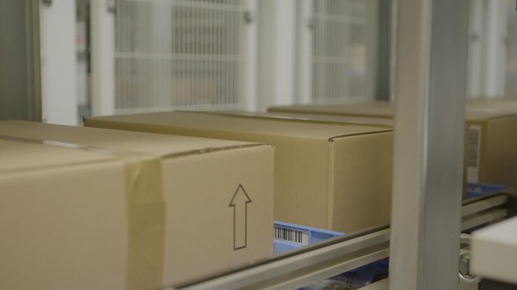Scatole di cartone su un nastro trasportatore che si muovono attraverso un magazzino per la spedizione.