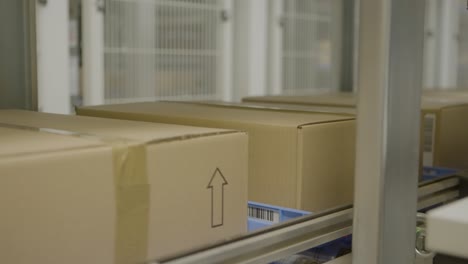 Cardboard-boxes-on-a-conveyor-belt-moving-through-a-warehouse-for-shipping