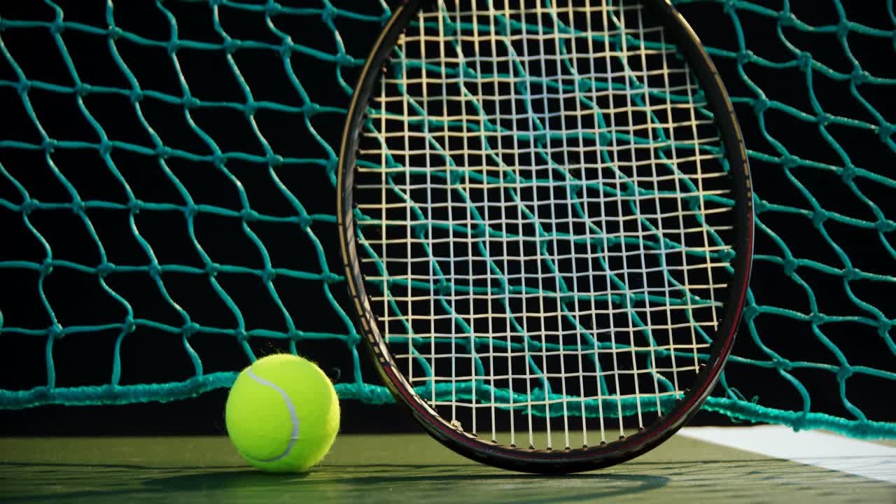Tennis ball and racket against net in court 4k