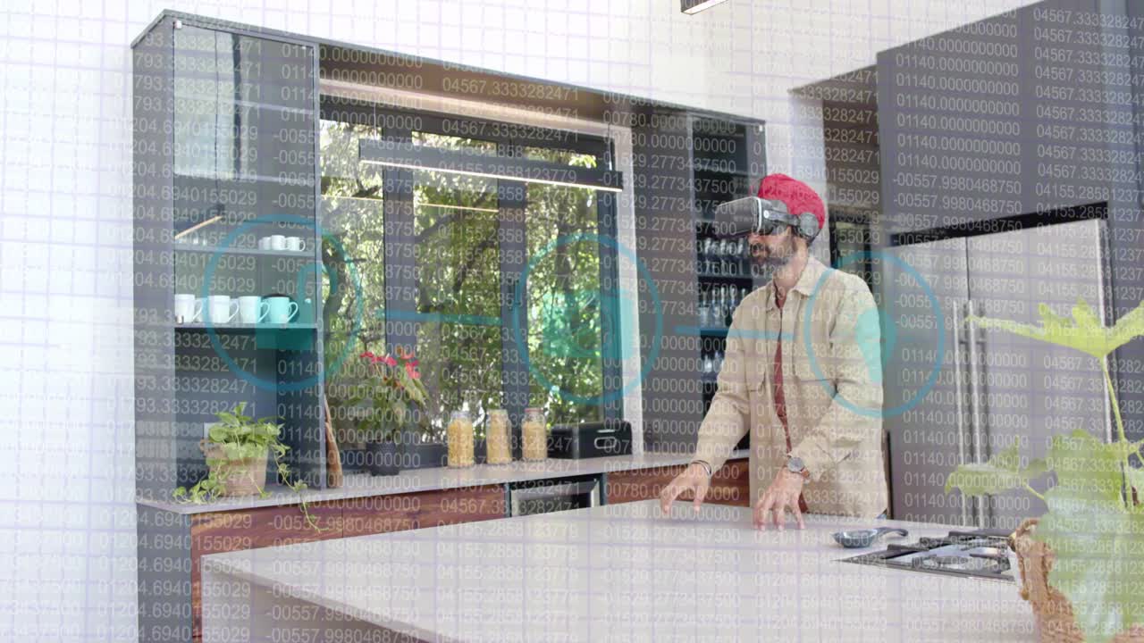 Man in VR HMD extending arms at kitchen island pointing sweeping using interface under code overlay