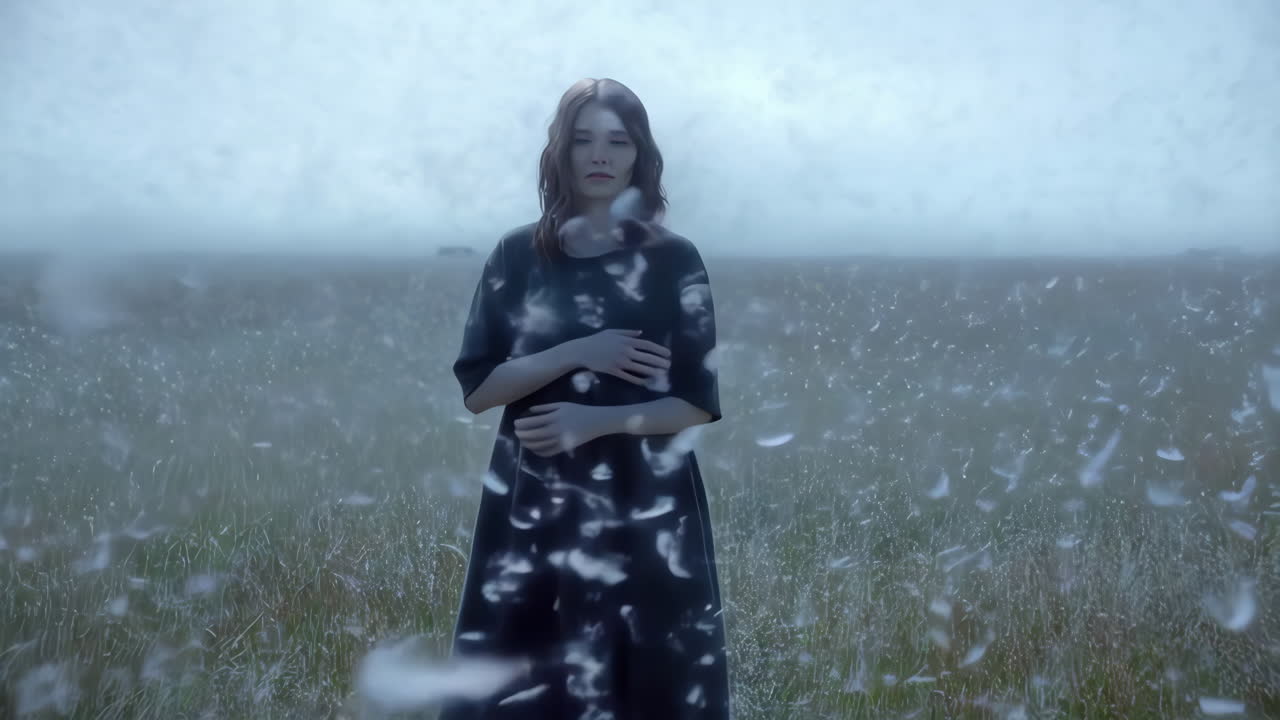 Ethereal Woman in a Field with Floating Feathers