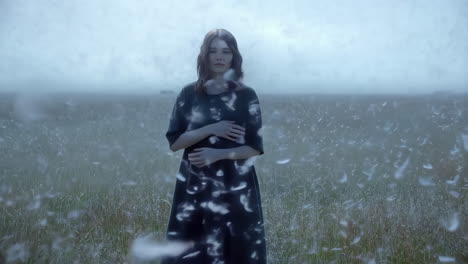 ethereal woman in a field with floating feathers