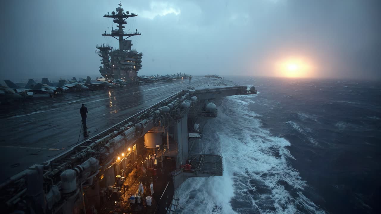 A Dramatic Sunset on a Stormy Sea: The Majestic Aircraft Carrier Stands Strong Amidst Waves and Dark Clouds, Capturing a Moment of Resilience and Power