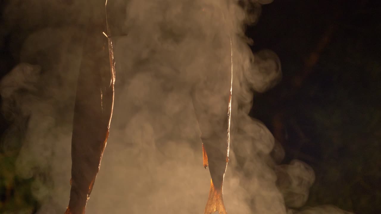 밤에 야외에서 훈제 생선 요리 - 클로즈업