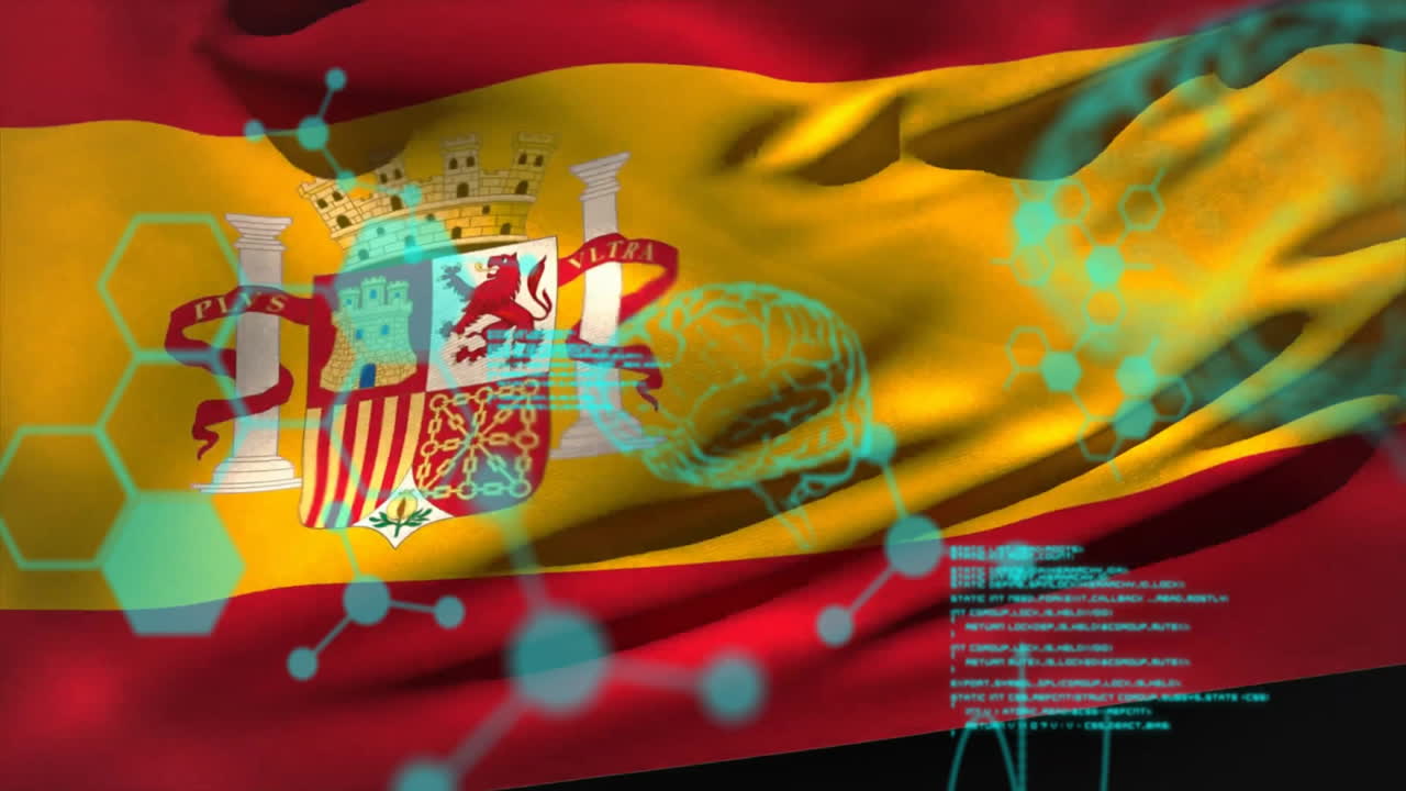 스페인의 발 위에 뇌와 분자와 함께 데이터 처리의 애니메이션