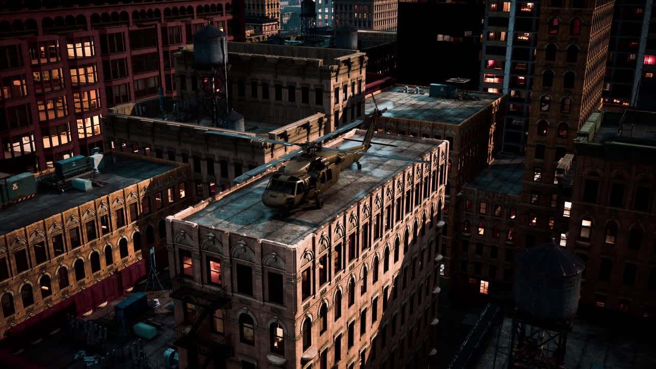 해가 지는 시내에 있는 군사 헬리 ⁇ 터