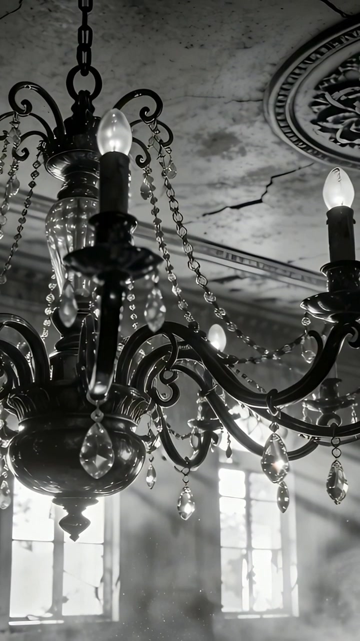 Video verticale: Telecamera che si inclina rivelando un lampadario che cattura il sole attraverso alte finestre, mostrando la polvere.