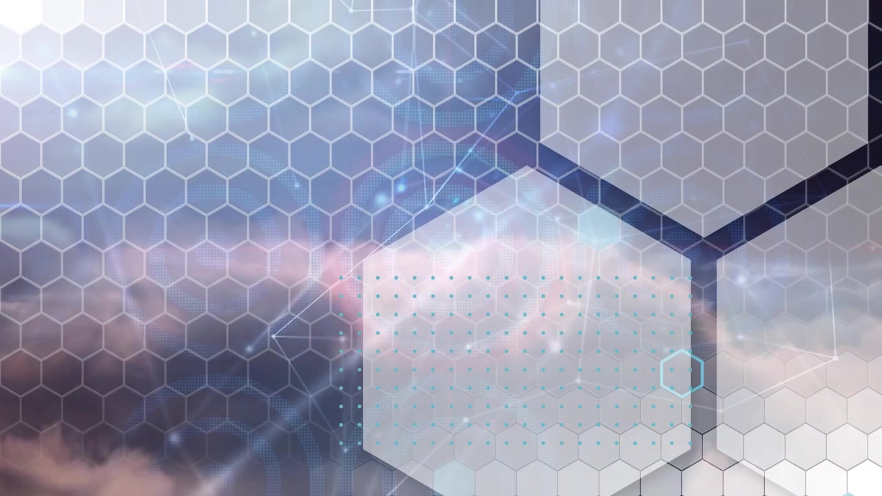Sobreposição de Rede Digital Abstrata com Padrões Hexagonais e Nuvens
