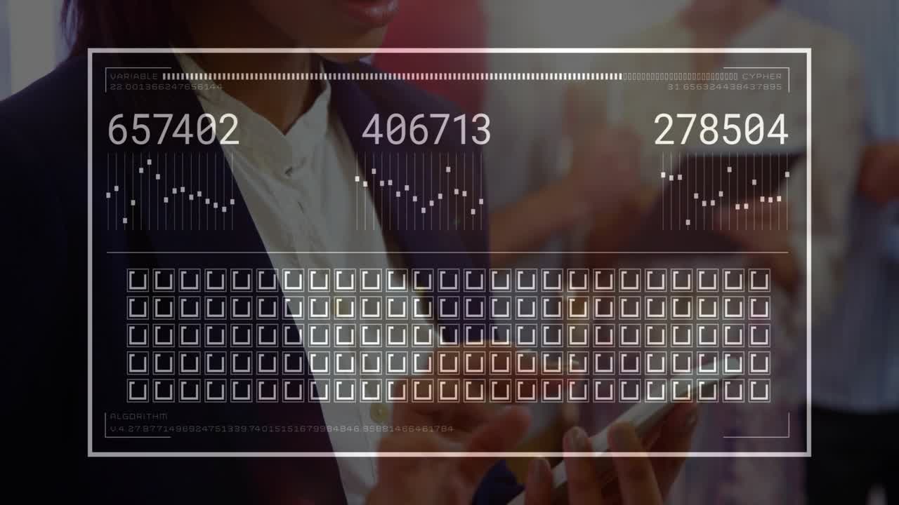 Man tapping phone, HUD updating 6-digit biz metrics and grid, camera moving to female checking data