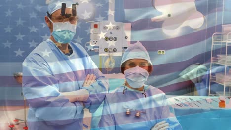 Animation-of-flag-of-usa-waving-over-surgeons-in-operating-theatre