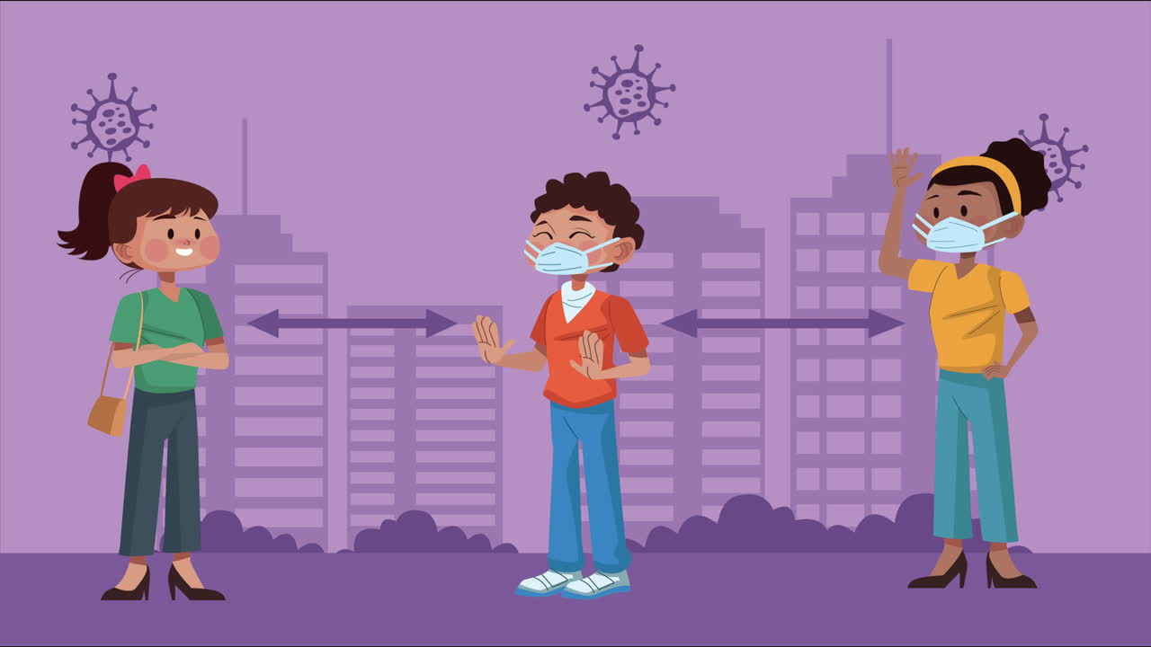 사회적 거리를 유지하는 인종 간의 사람들이 도시에서 코로나19 예방