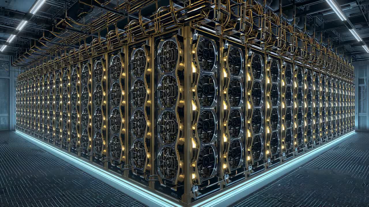 Camera dollying forward revealing dense GPU compute racks at datacenter, inspecting cooling fans