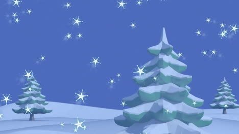 Animation-of-snow-falling-and-winter-scenery-on-blue-background