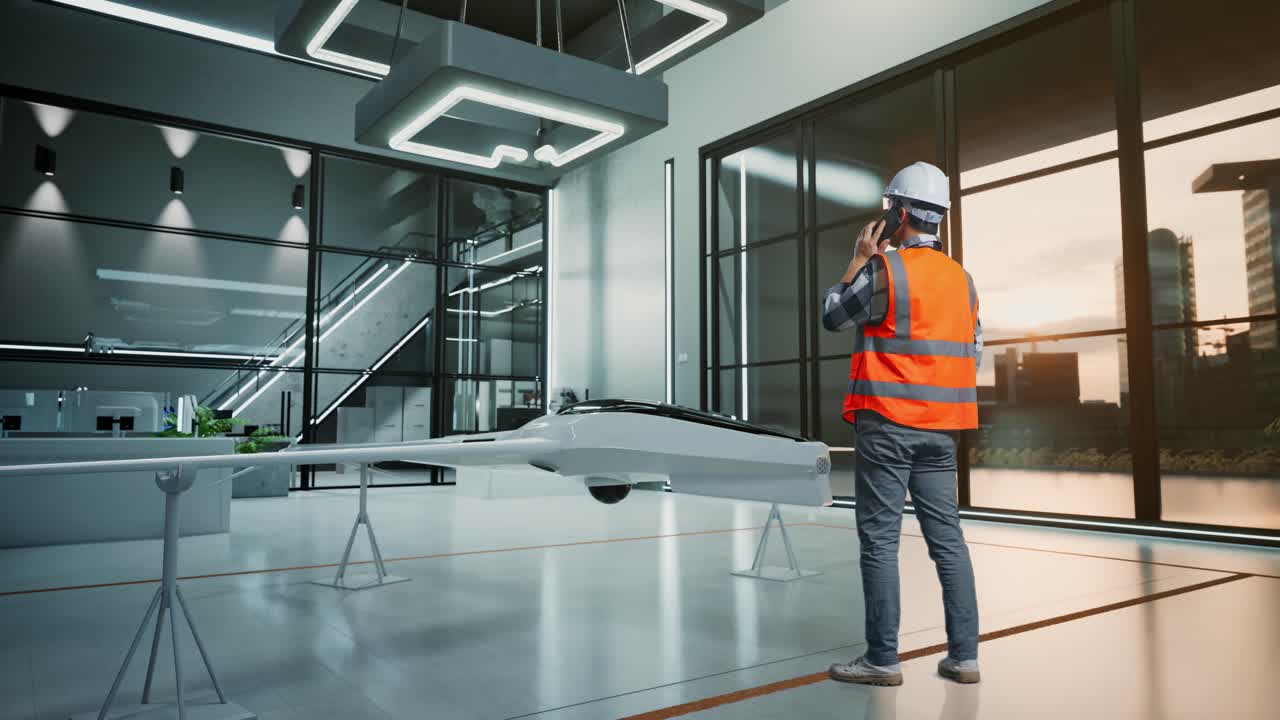 Vista posteriore a figura intera di un ingegnere asiatico con casco di sicurezza che parla al telefono mentre è in piedi con un progetto di drone