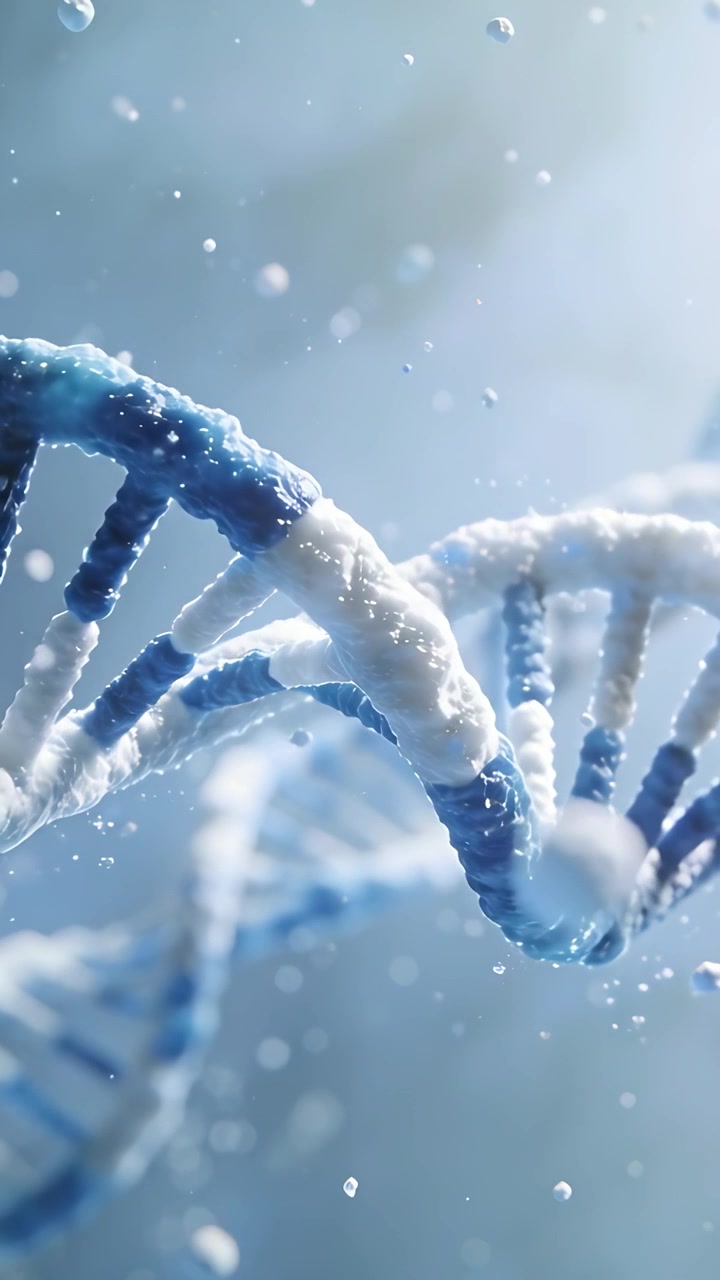 Video verticale: Panoramica di un'elica di DNA ghiacciata che ruota, rivelando dettagli ghiacciati in laboratorio, eliche sfocate, polvere.
