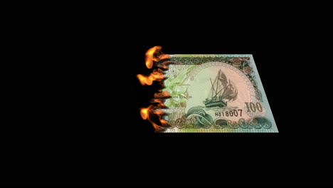 burning 100 omani rial banknote