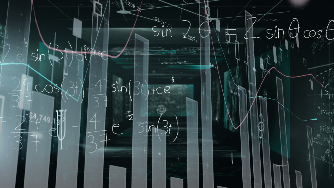 Animation of mathematical formulas over black background