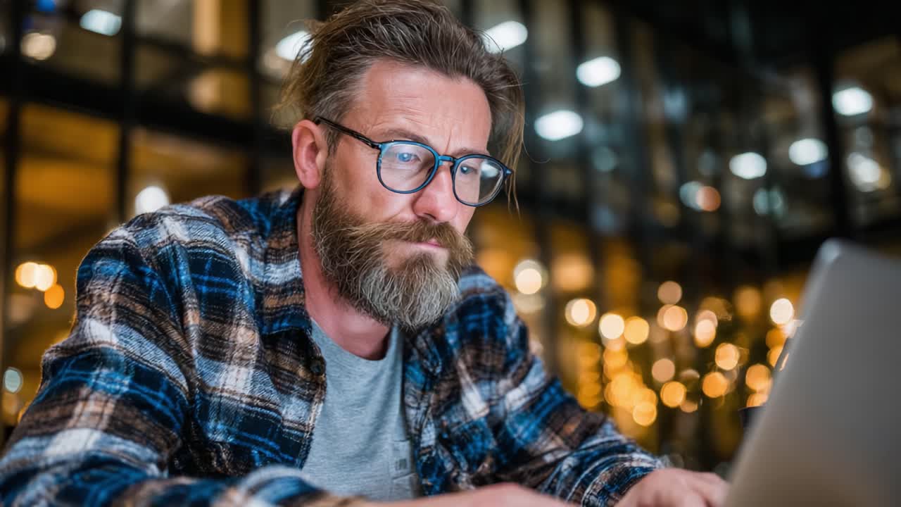 Focused Professional Engaged in Work at Night: A Close-Up on a Man with Glasses and a Beard Typing on a Laptop in a Warmly Lit Modern Environment