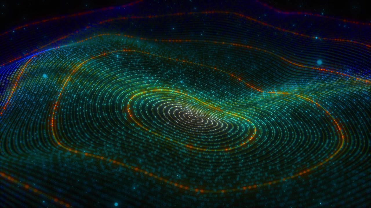 Glowing dotted contour landscape spiral ring particle lines digital space forms futuristic data