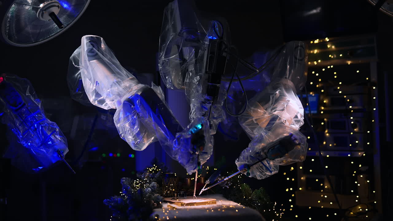 Da Vinci surgical robot coated with plastic in the middle of dark surgery room. Robotic arms write a letter on the operational table. Christmas decorations and lights at backdrop.
